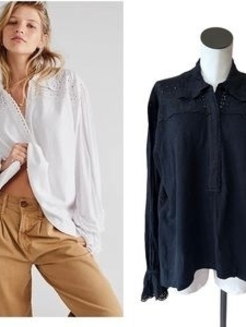 Free People Eyelet Yoke Long-Sleeve Blouse - Black Frill
